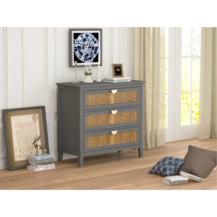 3 Drawer Cabinet with Natural Rattan - Stylish Wooden Storage Unit for Bedroom, Living Room, and Study Furniture Image 4