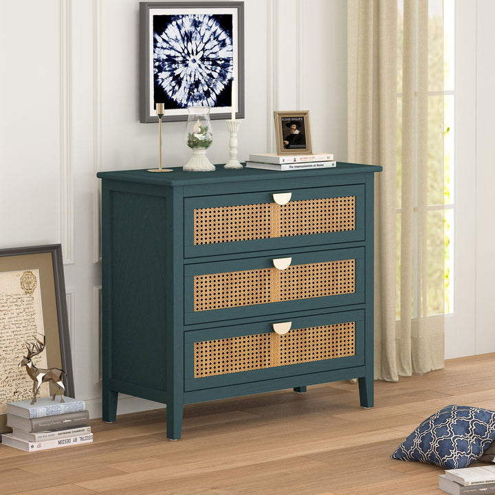 3 Drawer Cabinet with Natural Rattan Design, Stylish Storage Solution for Bedroom, Living Room, and Study Furniture Image 3