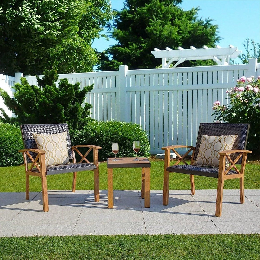 3 Piece Outdoor Patio Bistro Set with Wood Grain Aluminum Wicker Chairs and Beige Sunbrella Pillows Image 1