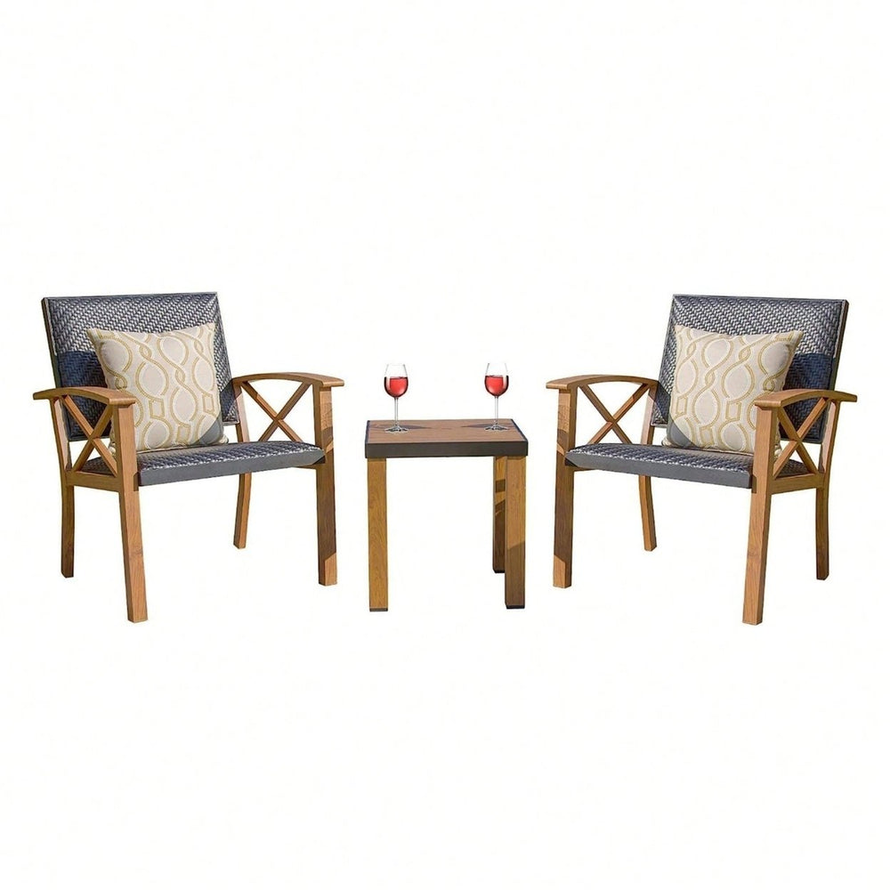 3 Piece Outdoor Patio Bistro Set with Wood Grain Aluminum Wicker Chairs and Beige Sunbrella Pillows Image 2