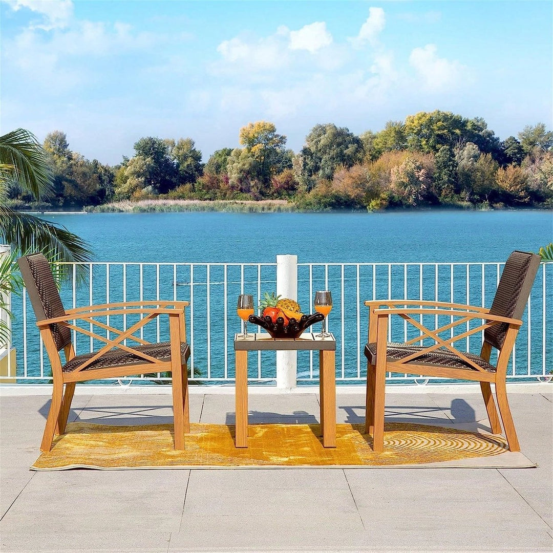 3 Piece Outdoor Patio Bistro Set with Wood Grain Aluminum Wicker Chairs and Beige Sunbrella Pillows Image 6