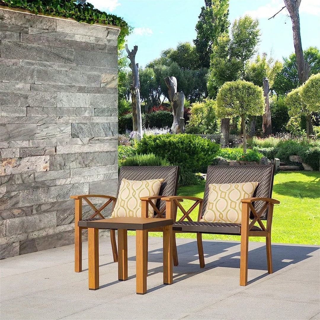 3 Piece Outdoor Patio Bistro Set with Wood Grain Aluminum Wicker Chairs and Beige Sunbrella Pillows Image 7