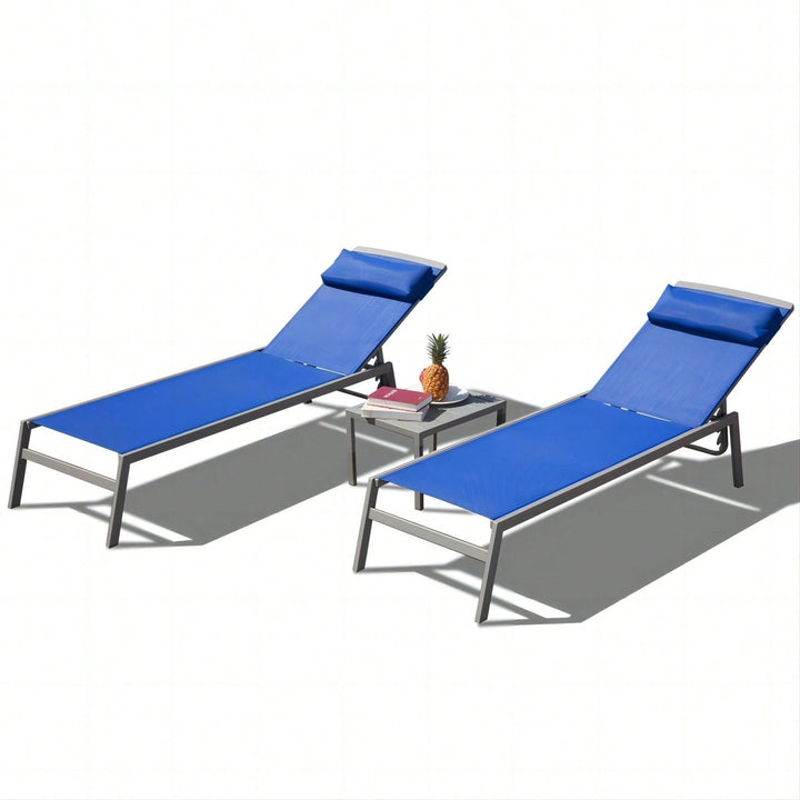 3 Pieces Adjustable Aluminum Backrest Pool Lounge Chairs Textilene Sunbathing Recliner With Headrest Image 1