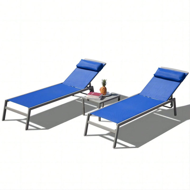 3 Pieces Adjustable Aluminum Backrest Pool Lounge Chairs Textilene Sunbathing Recliner With Headrest Image 7