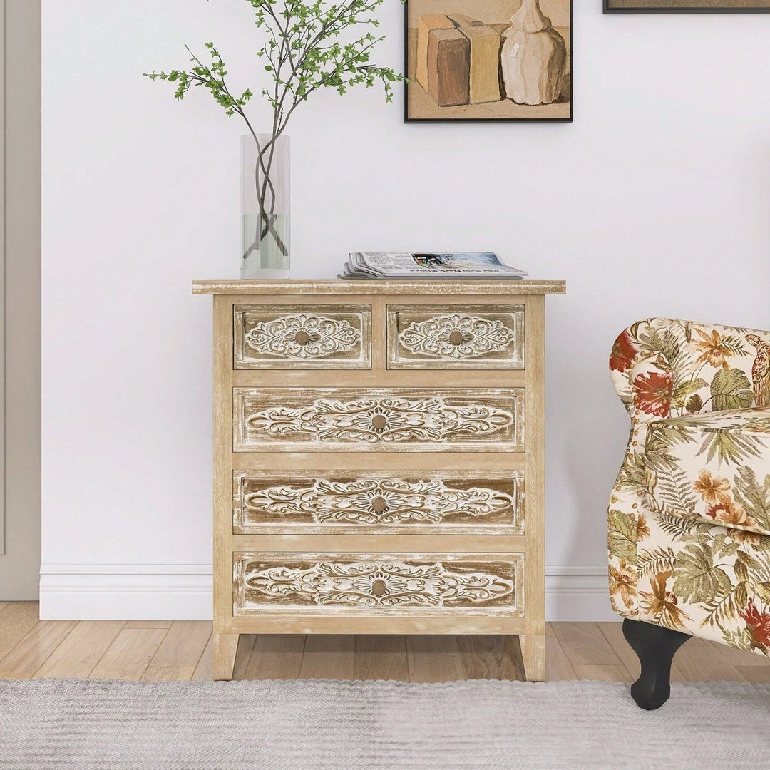 5 Drawer Cabinet With Distressed Wood Finish And Carved Drawers Image 1