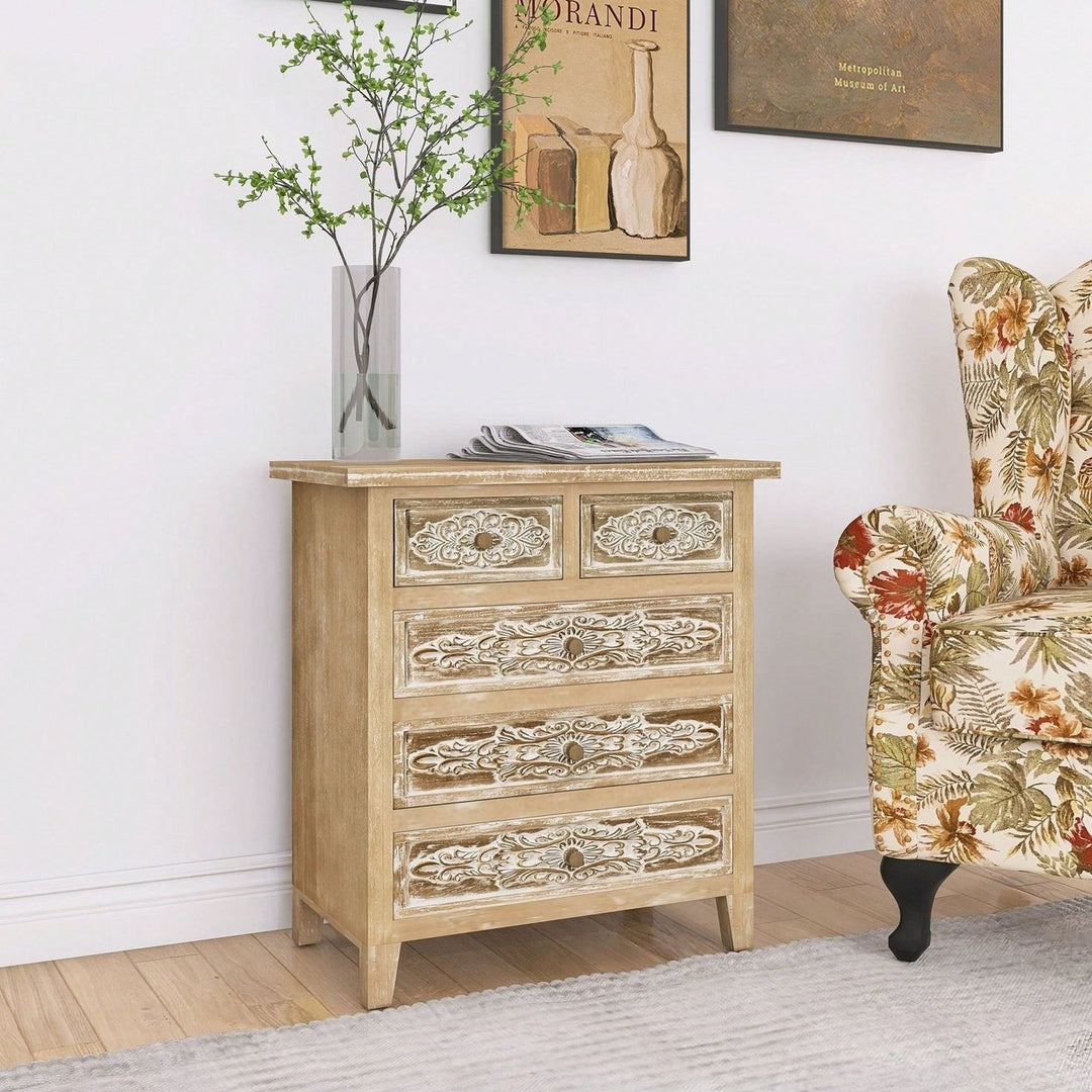 5 Drawer Cabinet With Distressed Wood Finish And Carved Drawers Image 3