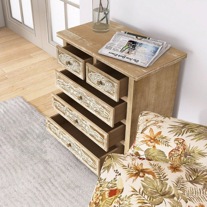 5 Drawer Cabinet With Distressed Wood Finish And Carved Drawers Image 4