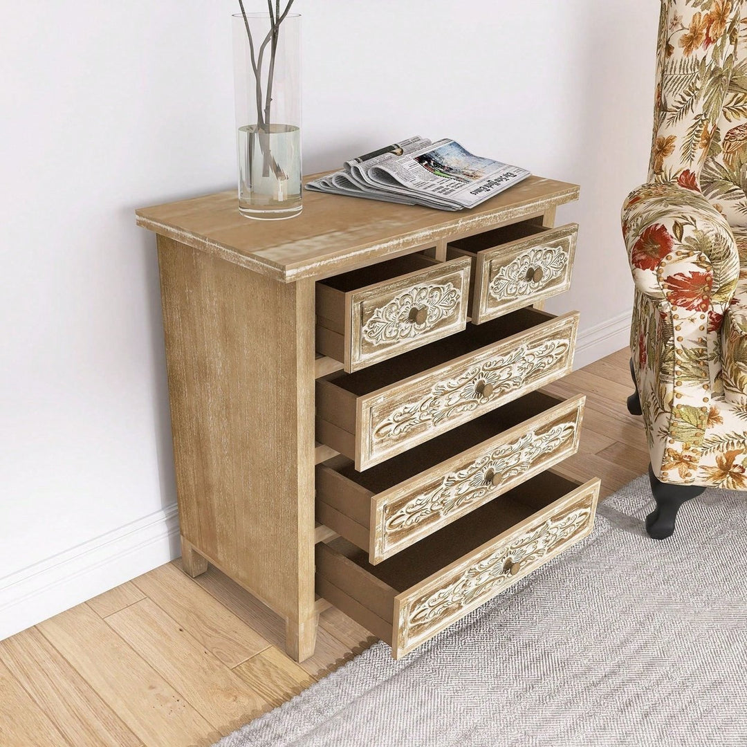 5 Drawer Cabinet With Distressed Wood Finish And Carved Drawers Image 5