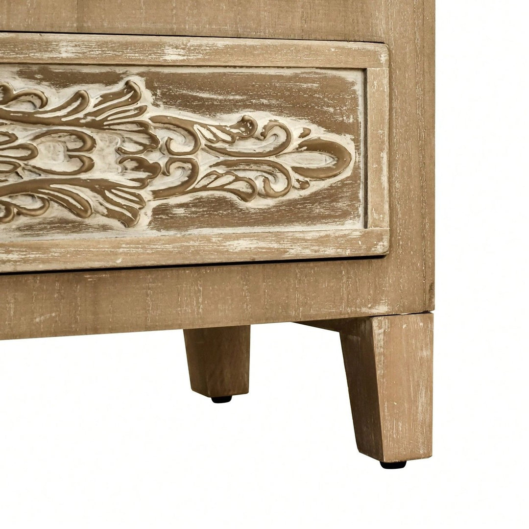 5 Drawer Cabinet With Distressed Wood Finish And Carved Drawers Image 8