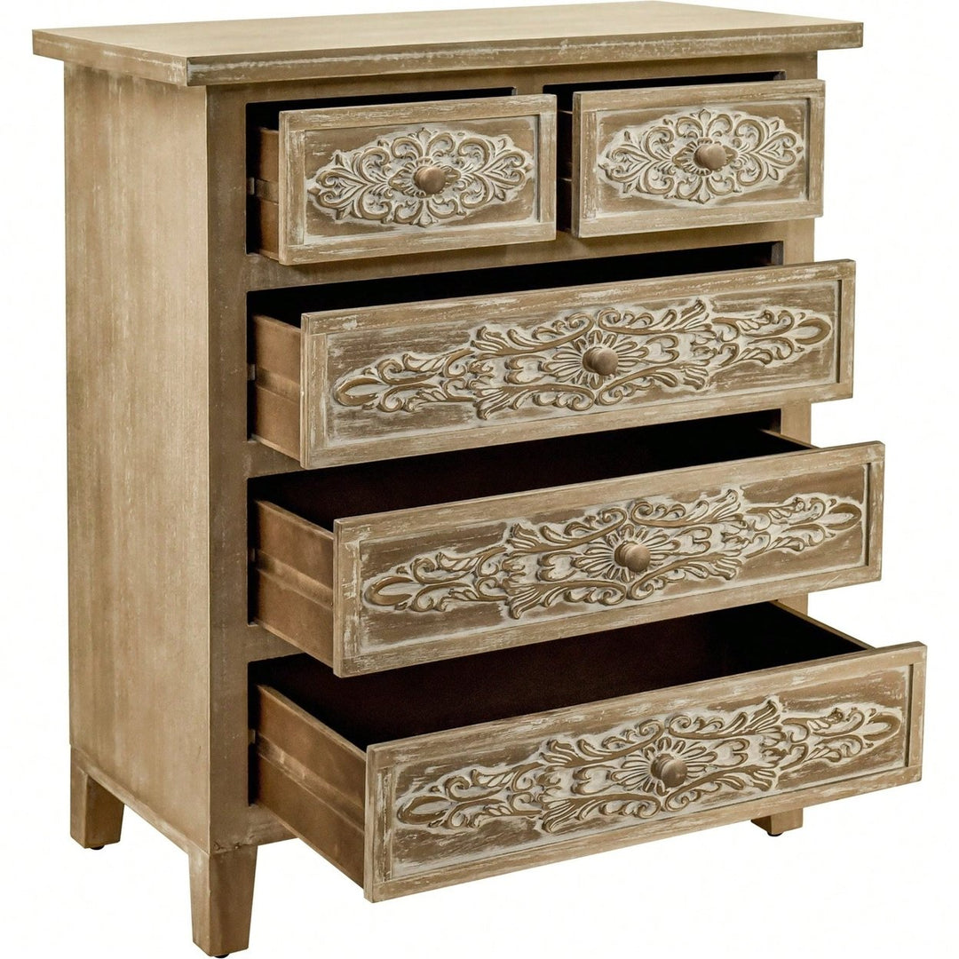 5 Drawer Cabinet With Distressed Wood Finish And Carved Drawers Image 10