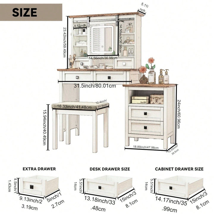 46.5 Inch Rustic Farmhouse Makeup Vanity Desk with LED Mirror Charging Station and Cushioned Stool for Women Image 5