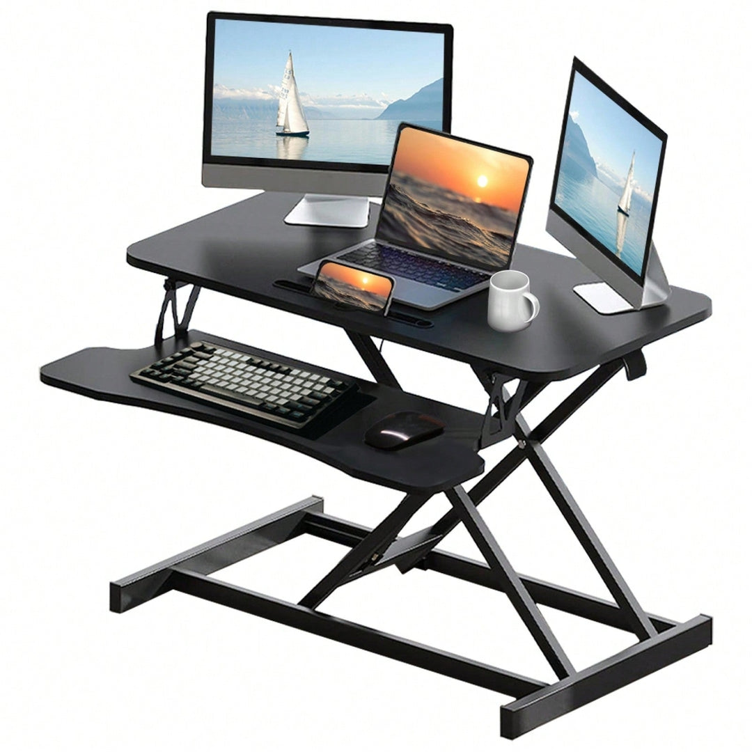 32 Inch Height Adjustable Sit To Stand Riser, Dual Monitor And Laptop Workstation With Wide Keyboard Tray Image 1