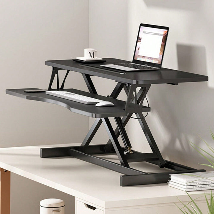 32 Inch Height Adjustable Sit To Stand Riser, Dual Monitor And Laptop Workstation With Wide Keyboard Tray Image 2