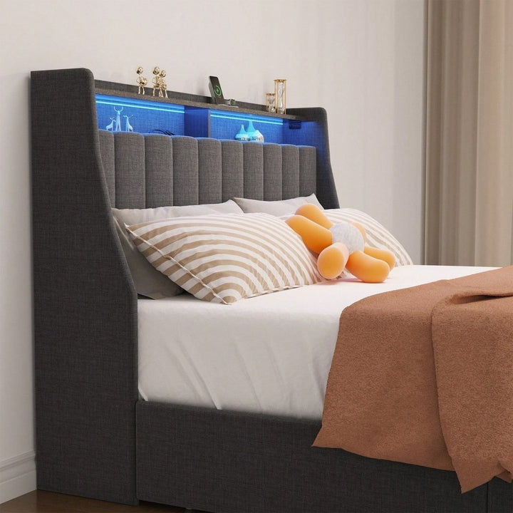 4 Drawers Under Bed Frame With LED, Wings Headboard Design Image 5