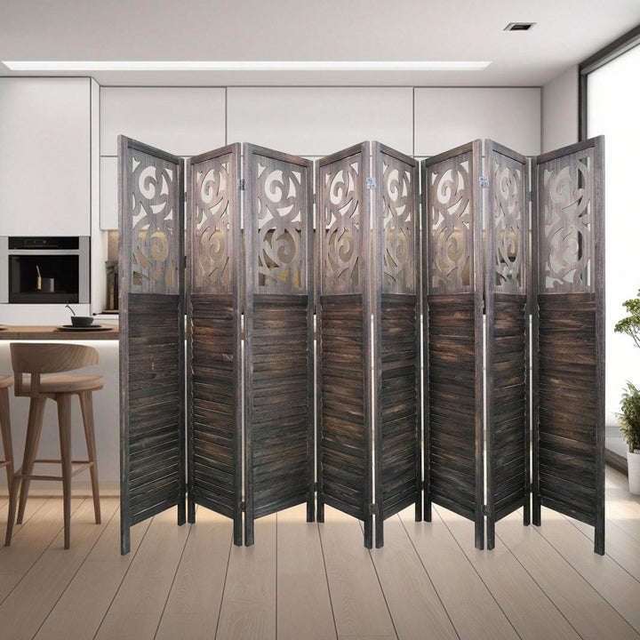 6FT 8 Panel Room Divider, Carved Wood Folding Privacy Screen, Foldable Panel Partition Wall Divider For Home, Office, Image 2