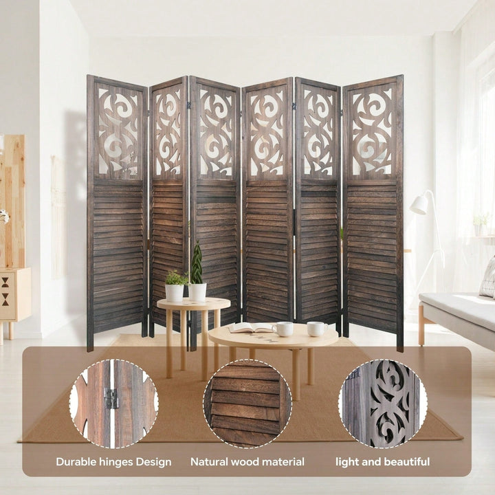 6FT 8 Panel Room Divider, Carved Wood Folding Privacy Screen, Foldable Panel Partition Wall Divider For Home, Office, Image 4