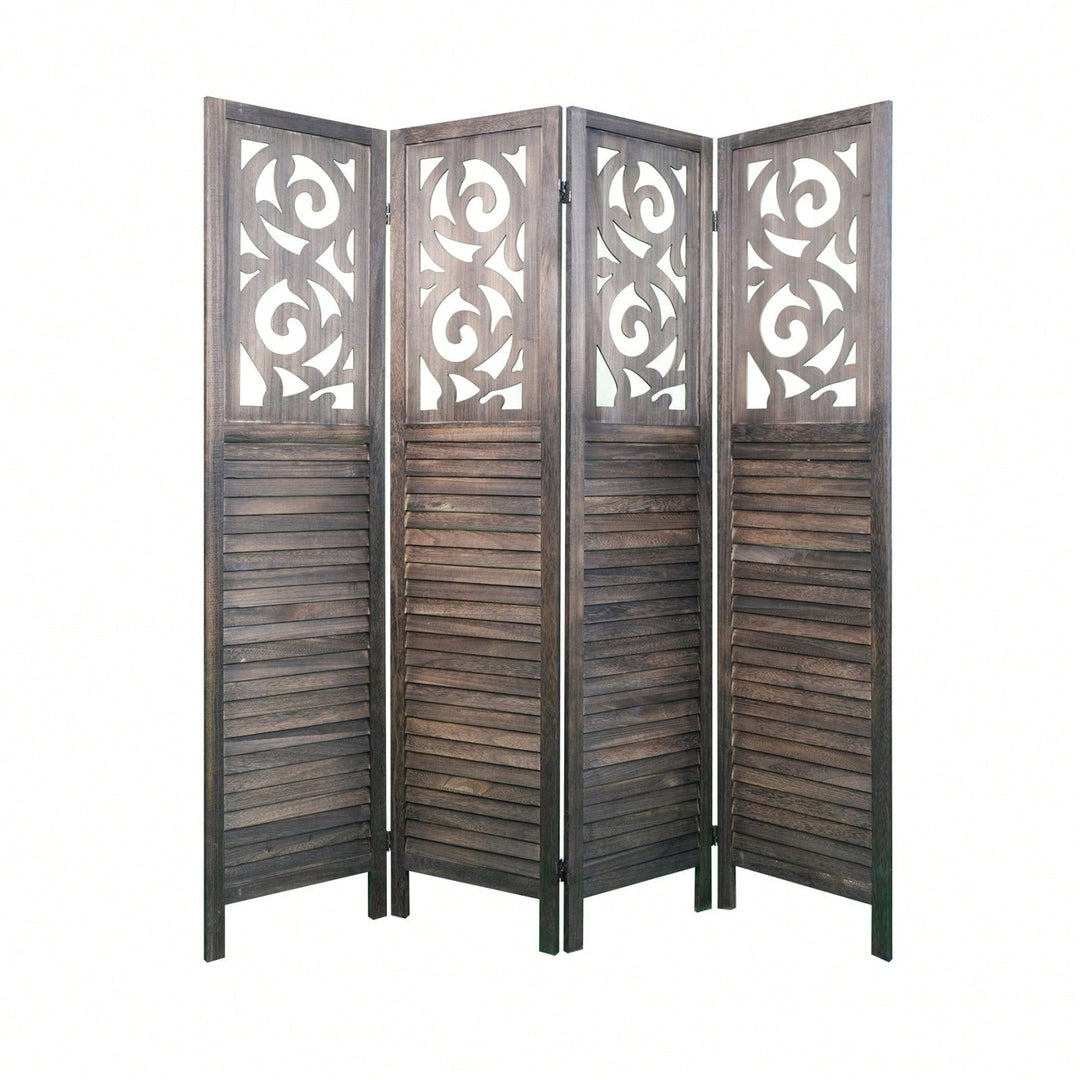 6FT Carved Wood 4 Panel Room Divider Folding Privacy Screen for Office and Restaurant Image 1