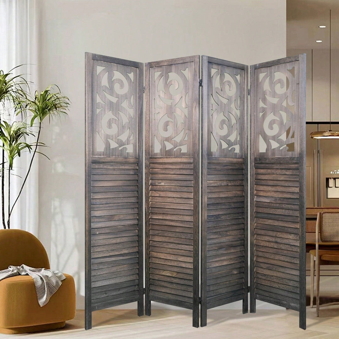 6FT Carved Wood 4 Panel Room Divider Folding Privacy Screen for Office and Restaurant Image 2