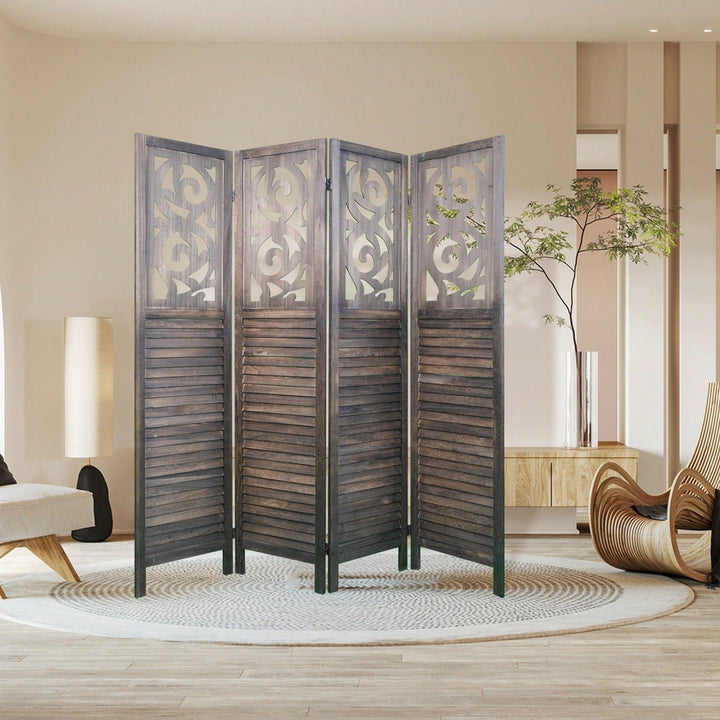 6FT Carved Wood 4 Panel Room Divider Folding Privacy Screen for Office and Restaurant Image 3