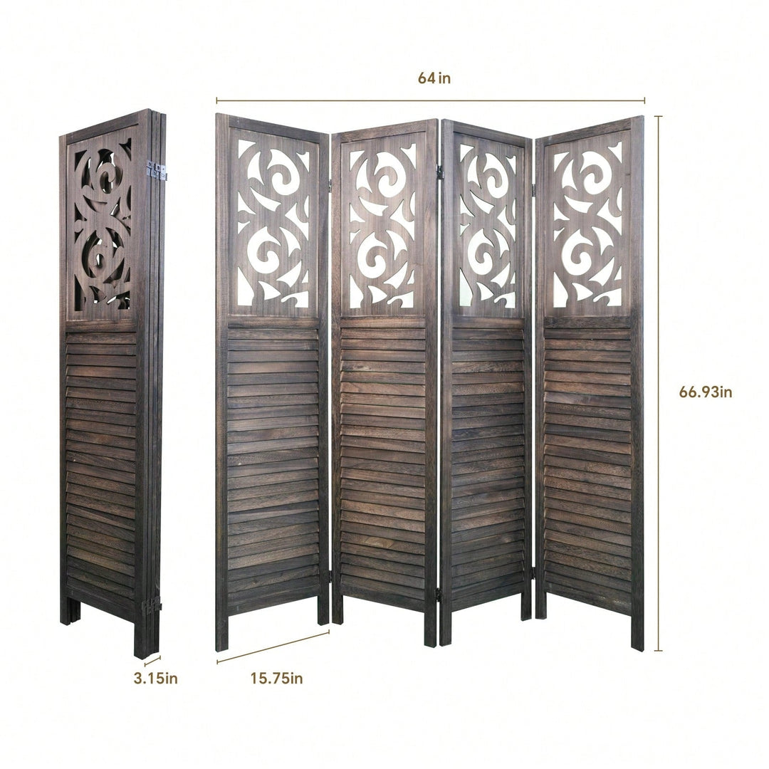 6FT Carved Wood 4 Panel Room Divider Folding Privacy Screen for Office and Restaurant Image 5