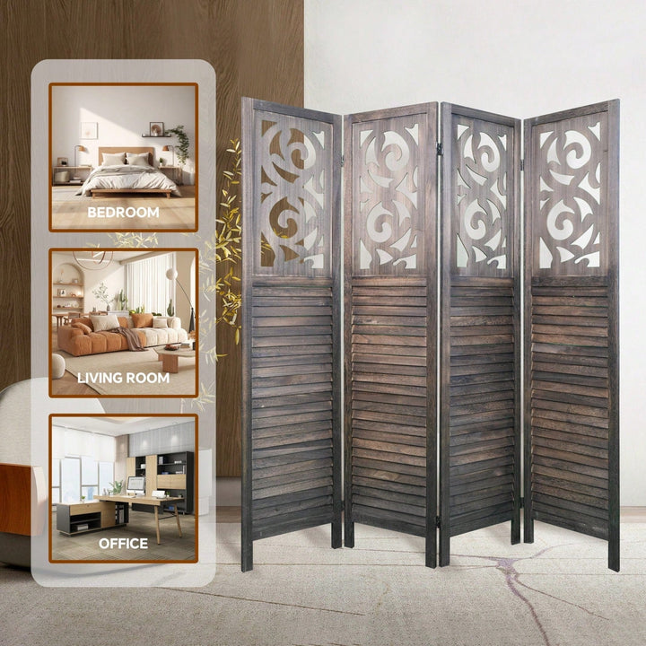 6FT Carved Wood 4 Panel Room Divider Folding Privacy Screen for Office and Restaurant Image 6