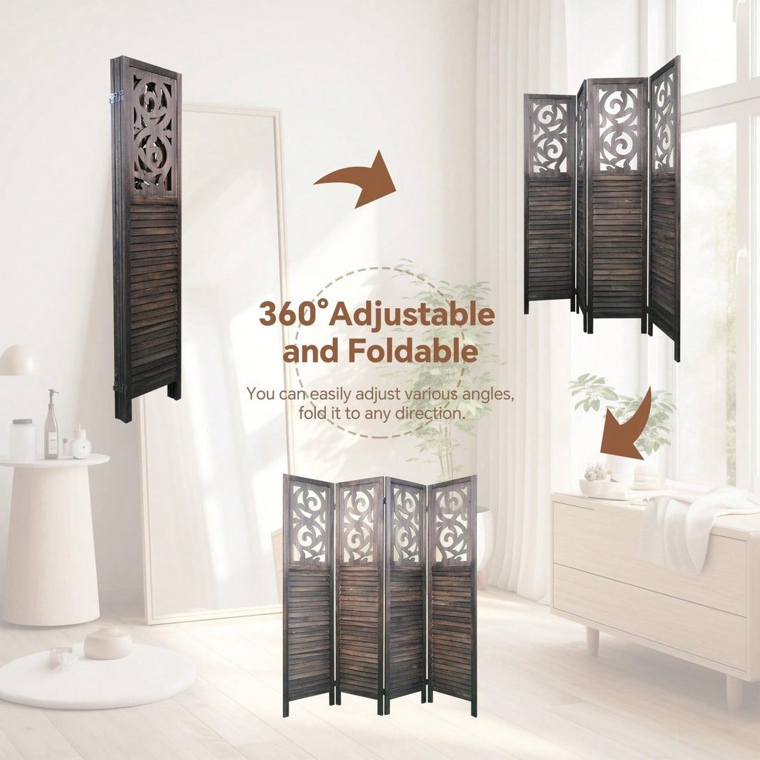 6FT Carved Wood 4 Panel Room Divider Folding Privacy Screen for Office and Restaurant Image 7