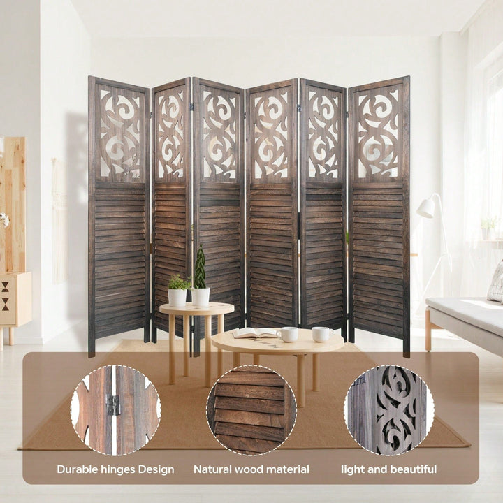 6FT Carved Wood Room Divider 6 Panel Folding Privacy Screen Foldable Panel Wall Divider For Home, Office, Restaurant Image 4