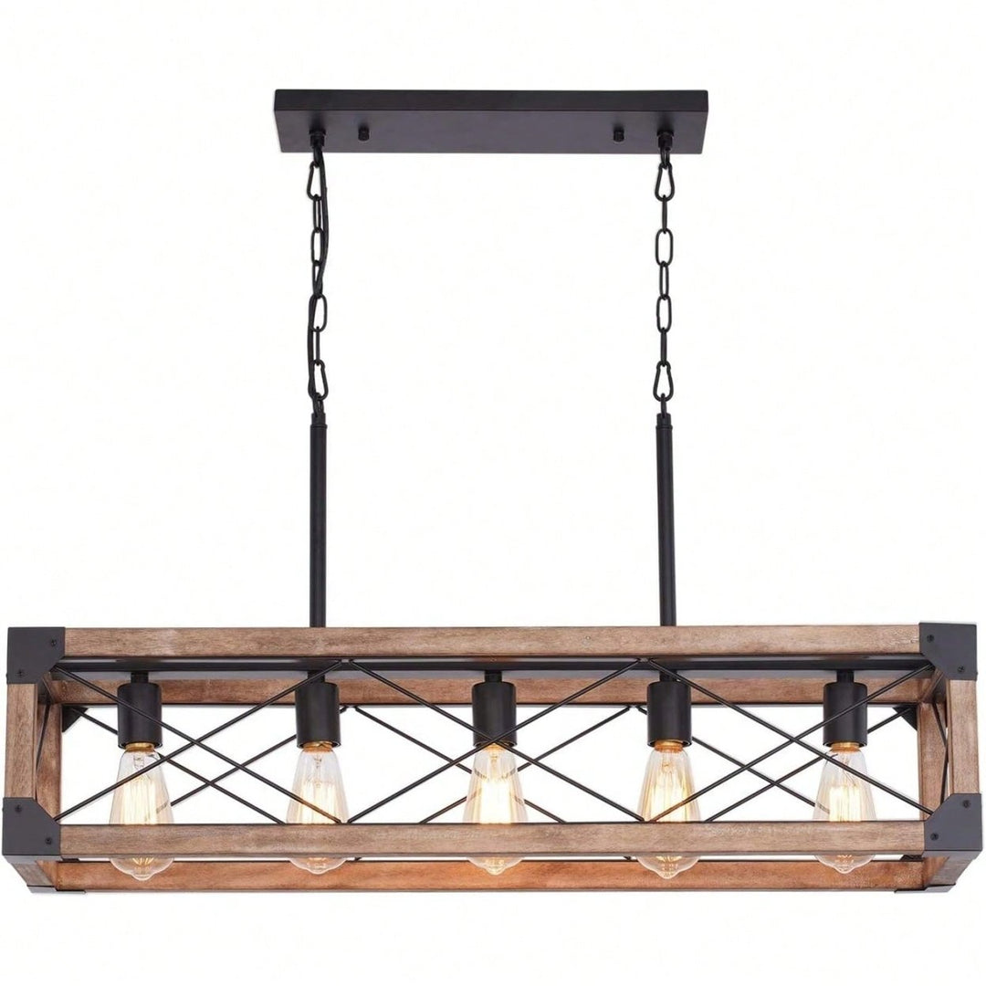 5-Light Dining Room Light Fixture, Farmhouse Linear Chandelier With Solid Wood For Dining Room Kitchen Bar Pool Table Image 1