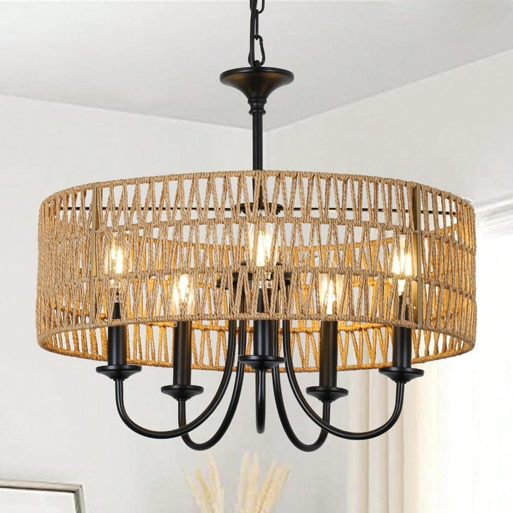 5-Lights Rattan Pendant Lighting With Hand Woven Wicker Shade, Boho Black Chandeliers For Dining Room Living Room Image 1