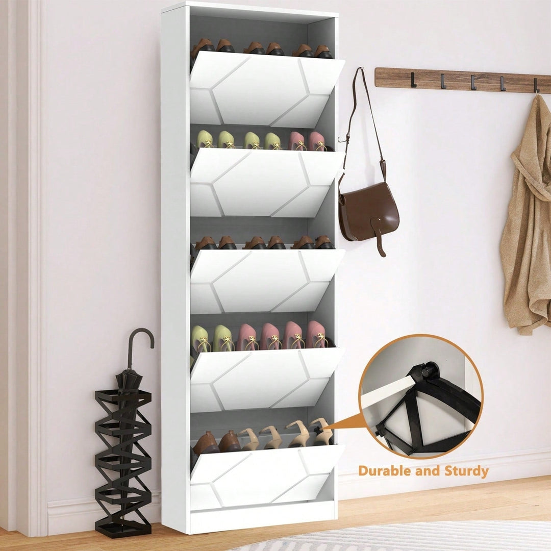 5-Tier Shoe Storage Cabinet With Carved Panels - Narrow Shoe Organizer For Entryway, Closet, Hallway - Holds 15 Pairs Image 7