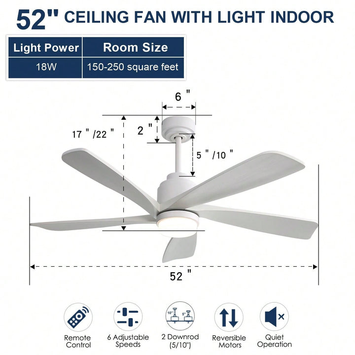 52 Inch Indoor Ceiling Fan With 120V Dimmable 5 Solid Wood Blades Remote Control Reversible DC Motor With Led Light Image 4