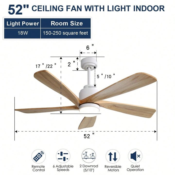 52 Inch Indoor Ceiling Fan With 120V Dimmable 5 Solid Wood Blades Remote Control Reversible DC Motor With Led Light Image 9