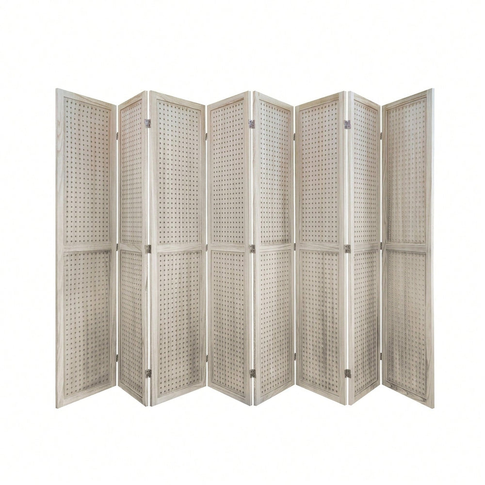 8 Panel Wooden Pegboard Room Divider 5.6Ft Folding Privacy Screen Freestanding Display for Trade Shows and Home Image 2