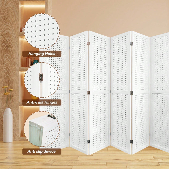 6 Panel Wooden Room Divider 5.6Ft Freestanding Pegboard Display for Trade Shows Crafts and Home Organization Image 8