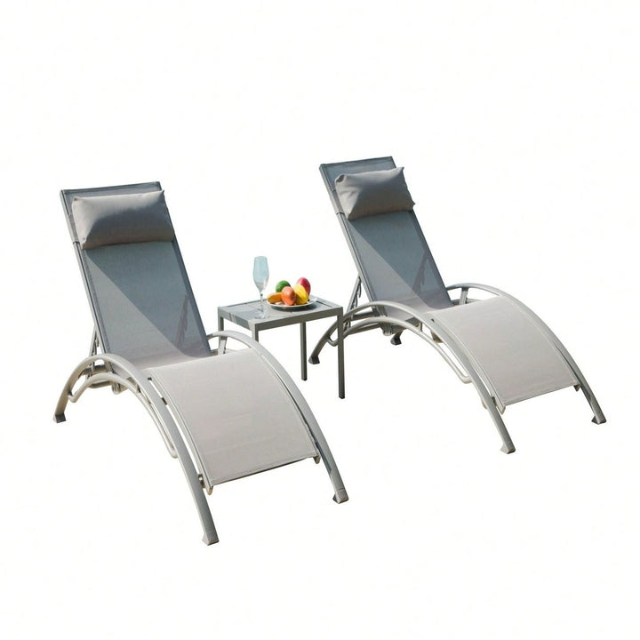 Adjustable Aluminum Chaise Lounge Chair Set of 3 with Metal Side Table for Outdoor Pool Deck Lawn and Backyard All Image 1