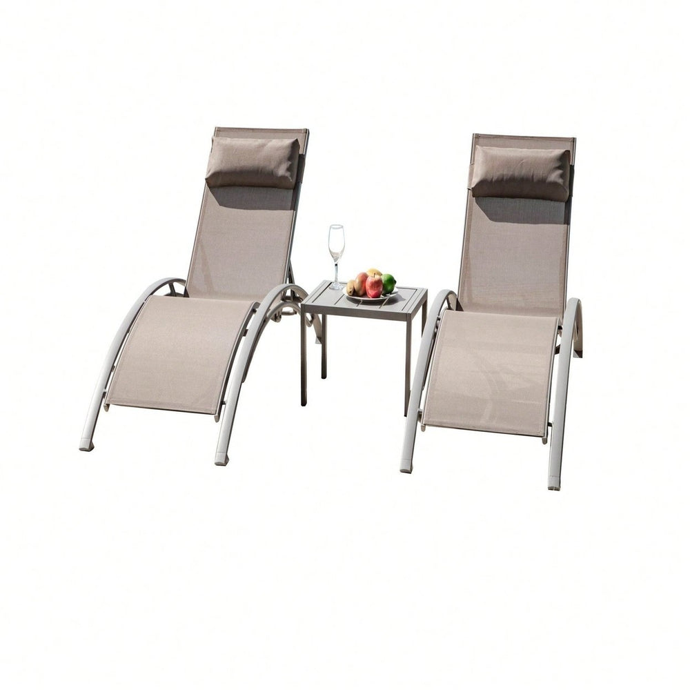 Adjustable Aluminum Chaise Lounge Chair Set of 3 with Metal Side Table for Outdoor Pool Deck Lawn and Backyard All Image 2