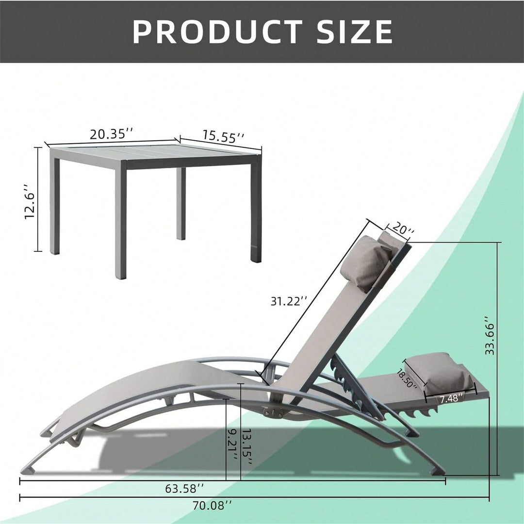 Adjustable Aluminum Chaise Lounge Chair Set of 3 with Metal Side Table for Outdoor Pool Deck Lawn and Backyard All Image 4