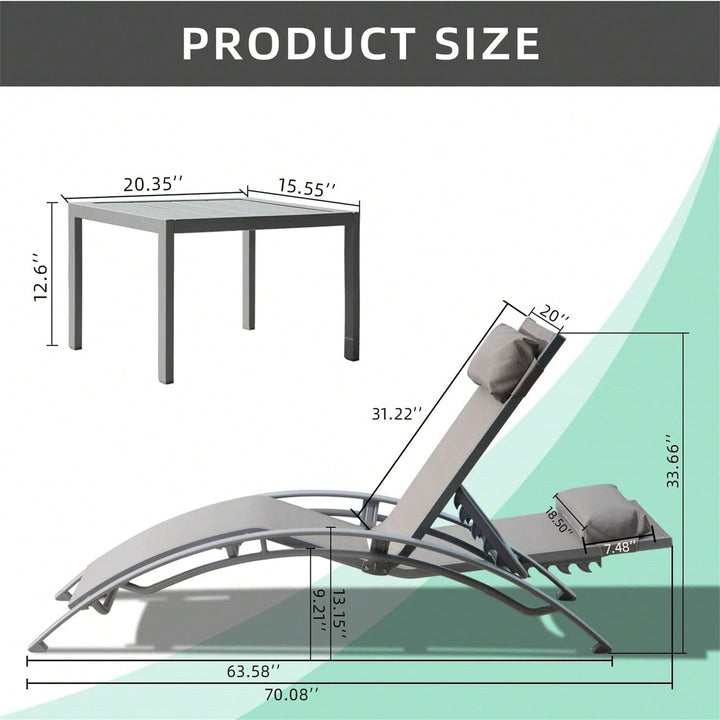 Adjustable Aluminum Chaise Lounge Chair Set of 3 with Metal Side Table for Outdoor Pool Deck Lawn and Backyard All Image 4