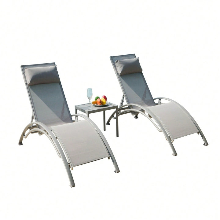 Adjustable Aluminum Chaise Lounge Chair Set of 3 with Metal Side Table for Outdoor Pool Deck Lawn and Backyard All Image 10