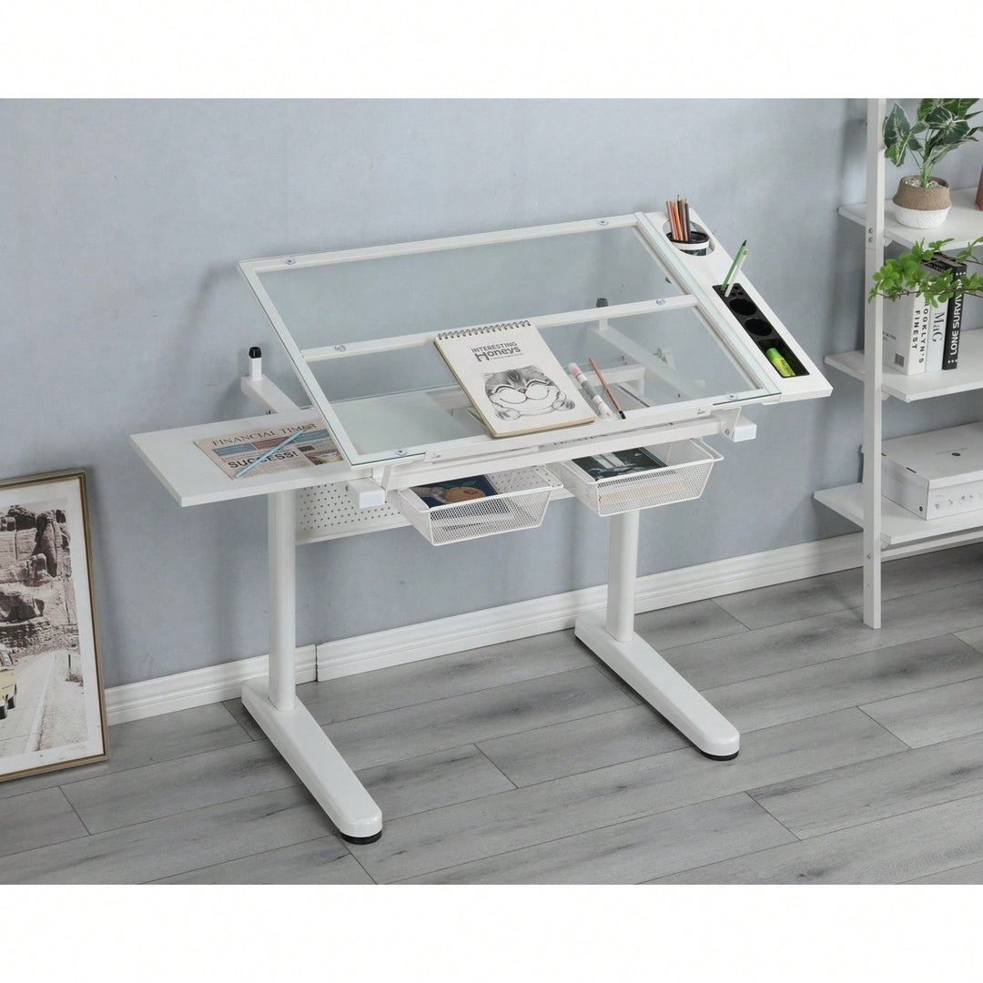 Adjustable Drafting Table with Glass Top and Stool Hand Crank Height Adjustment 75-120cm 2 Drawers Extended Side Desk Image 1