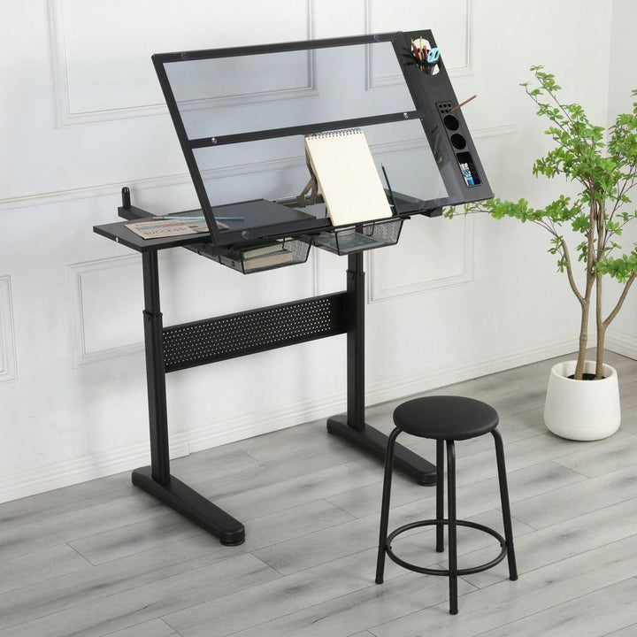 Adjustable Drafting Table with Glass Top and Stool Hand Crank Height Adjustment 75-120cm 2 Drawers Extended Side Desk Image 2