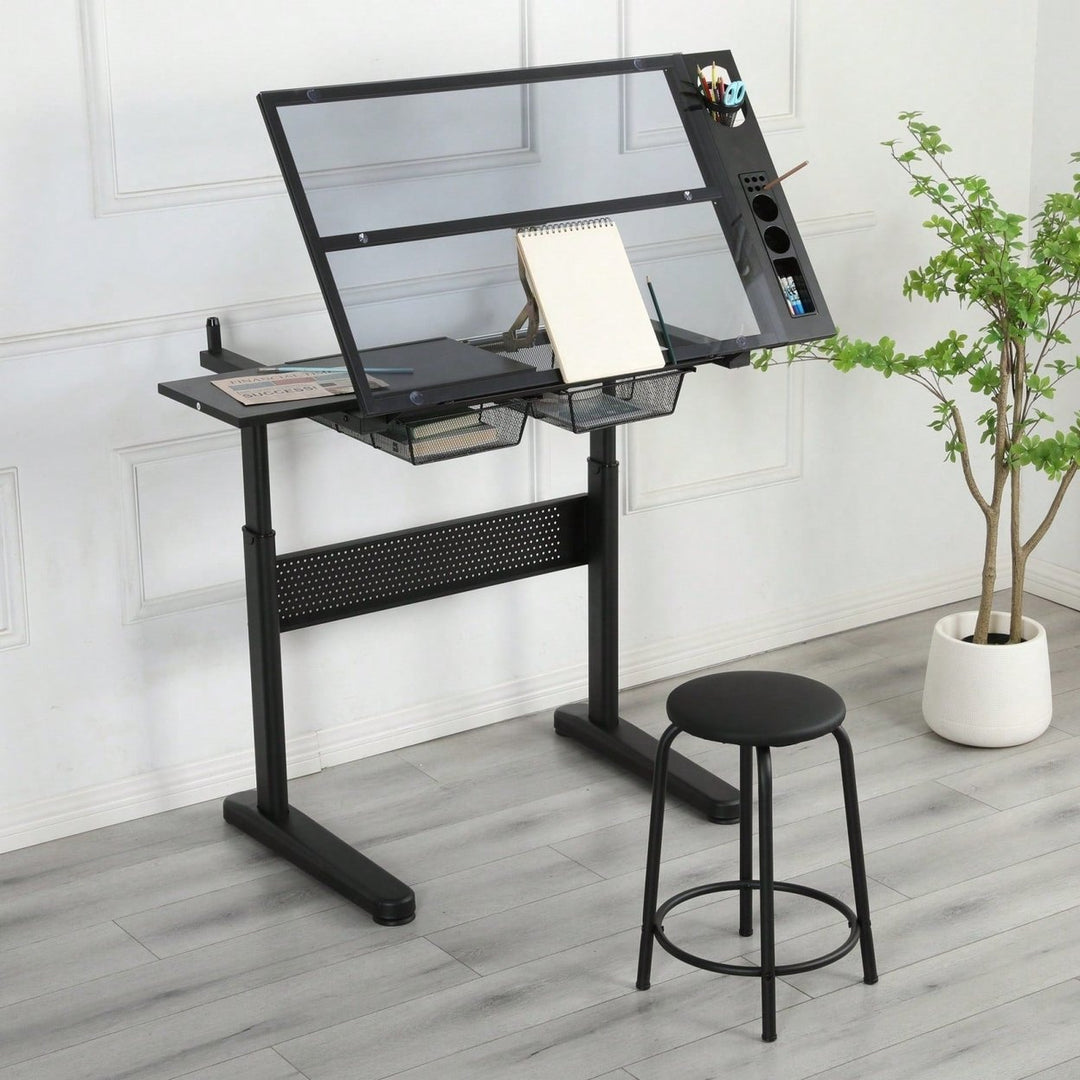 Adjustable Drafting Table with Glass Top and Stool Hand Crank Height Adjustment 75-120cm 2 Drawers Extended Side Desk Image 1