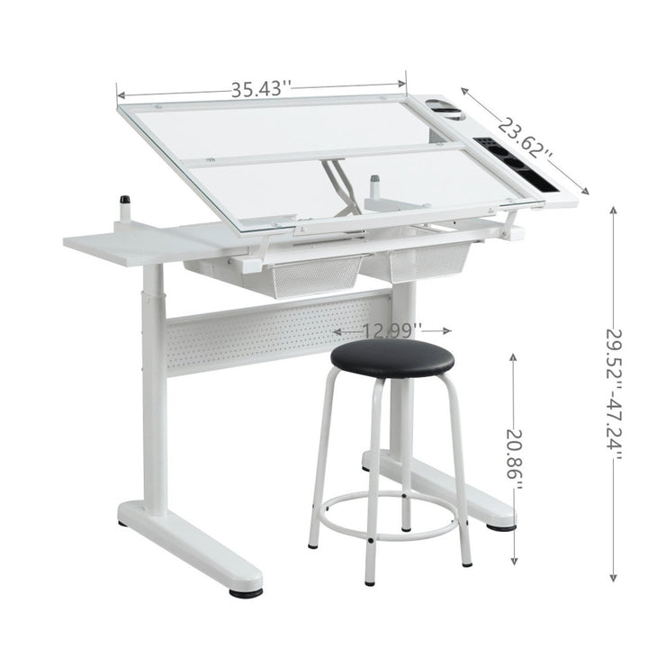 Adjustable Drafting Table with Glass Top and Stool Hand Crank Height Adjustment 75-120cm 2 Drawers Extended Side Desk Image 6