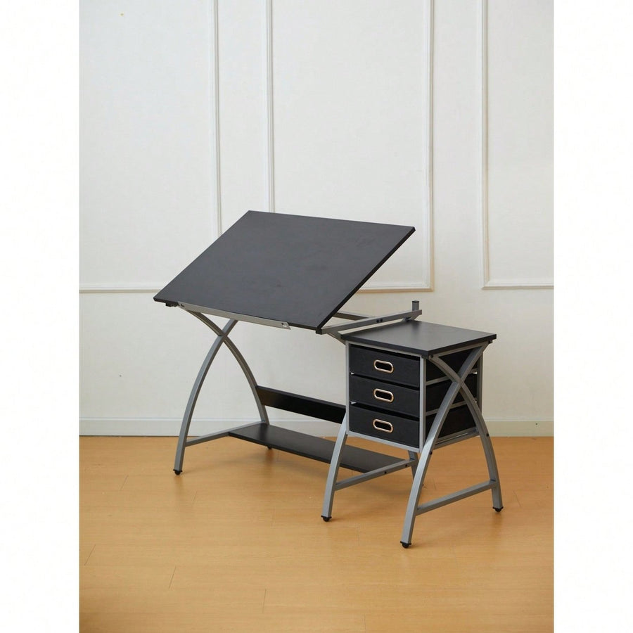 Adjustable Drafting Table with Stool and Crossed Legs - 3 Drawers and 0-75 Degree Tilt for Artists and Designers Image 1