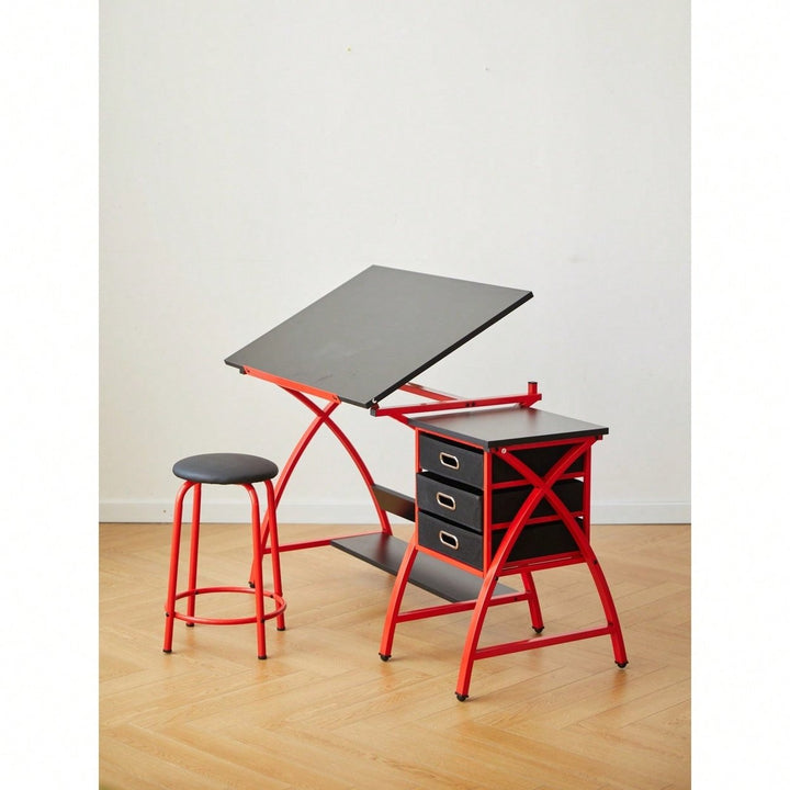 Adjustable Drafting Table with Stool and Crossed Legs - 3 Drawers and 0-75 Degree Tilt for Artists and Designers Image 2