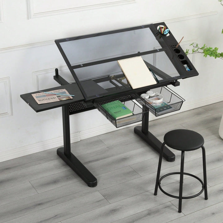 Adjustable Drafting Table with Glass Top and Stool Hand Crank Height Adjustment 75-120cm 2 Drawers Extended Side Desk Image 9