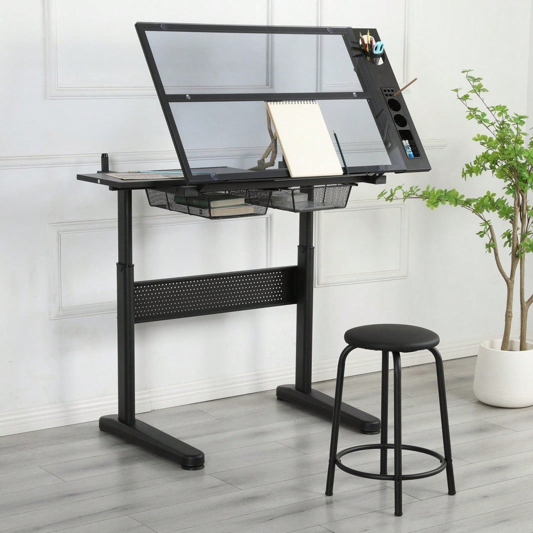 Adjustable Drafting Table with Glass Top and Stool Hand Crank Height Adjustment 75-120cm 2 Drawers Extended Side Desk Image 10