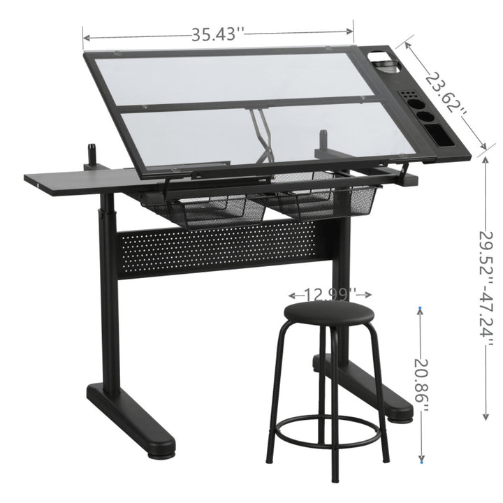 Adjustable Drafting Table with Glass Top and Stool Hand Crank Height Adjustment 75-120cm 2 Drawers Extended Side Desk Image 11