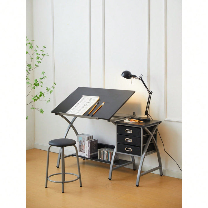 Adjustable Drafting Table with Stool and Crossed Legs - 3 Drawers and 0-75 Degree Tilt for Artists and Designers Image 3