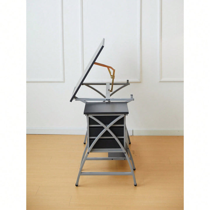 Adjustable Drafting Table with Stool and Crossed Legs - 3 Drawers and 0-75 Degree Tilt for Artists and Designers Image 4